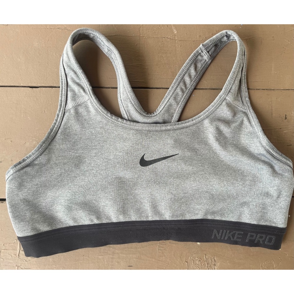 Nike Pro Sports Bra Gray Black Racerback Compression Medium  Swoosh Workout